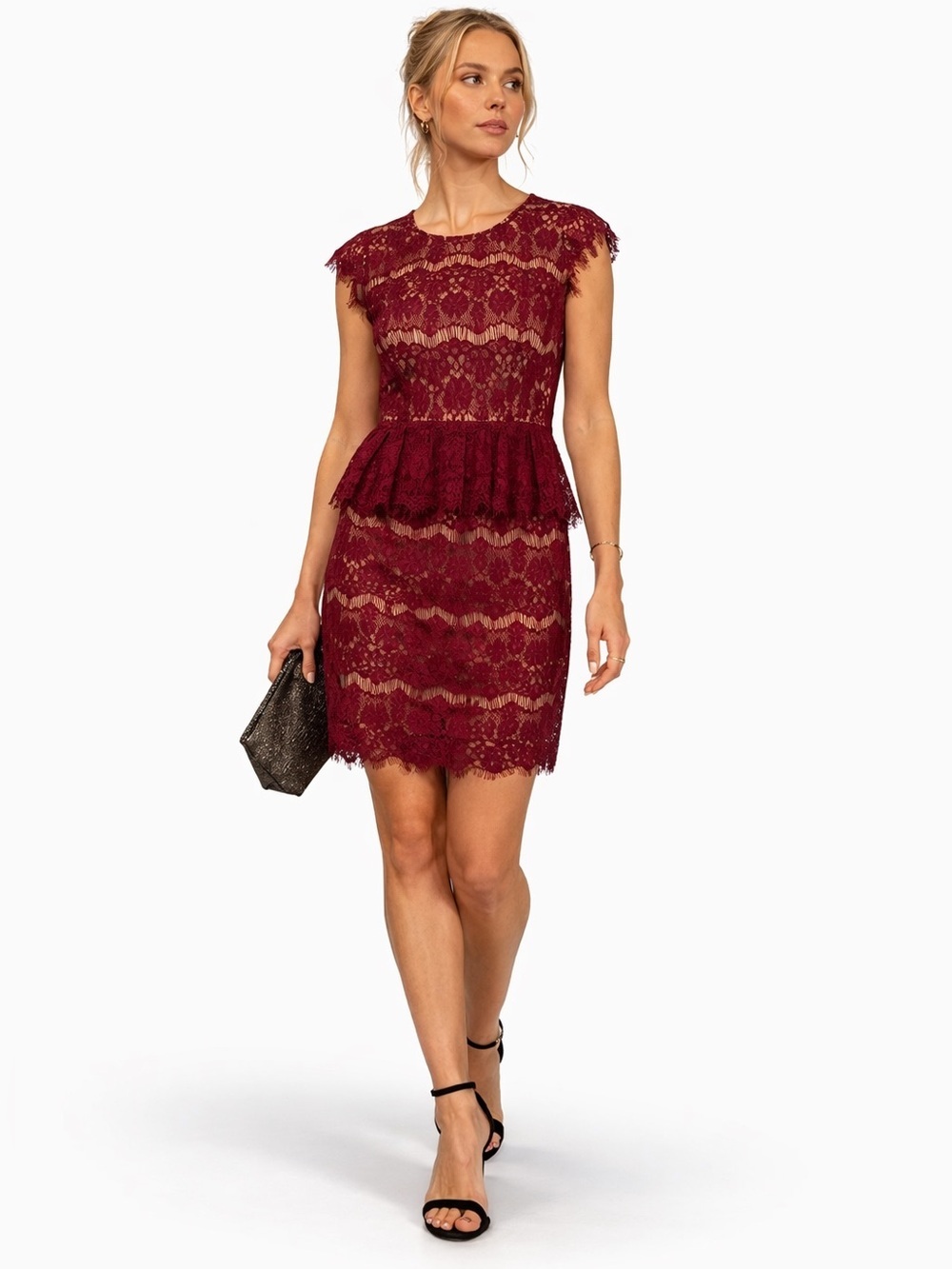 Maeve Anthropologie Burgundy Lace Peplum Dress Small Petite